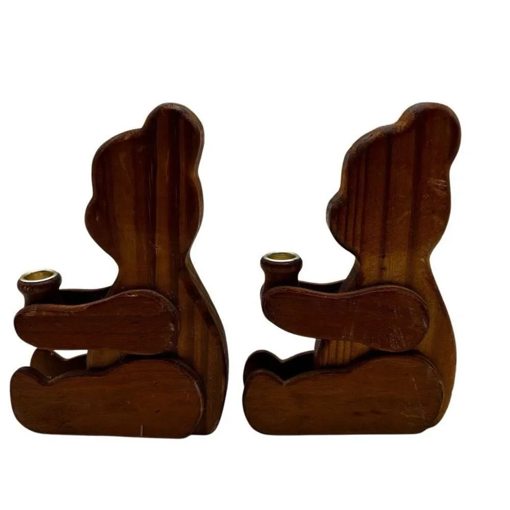 Set of 2 Vintage Wooden Bear Candle‎ Holders